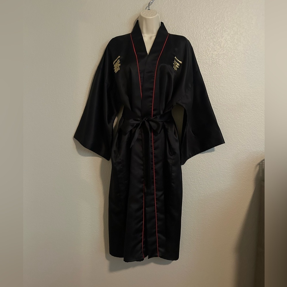 Black Satin Kimono Robe with Red Trim One Size